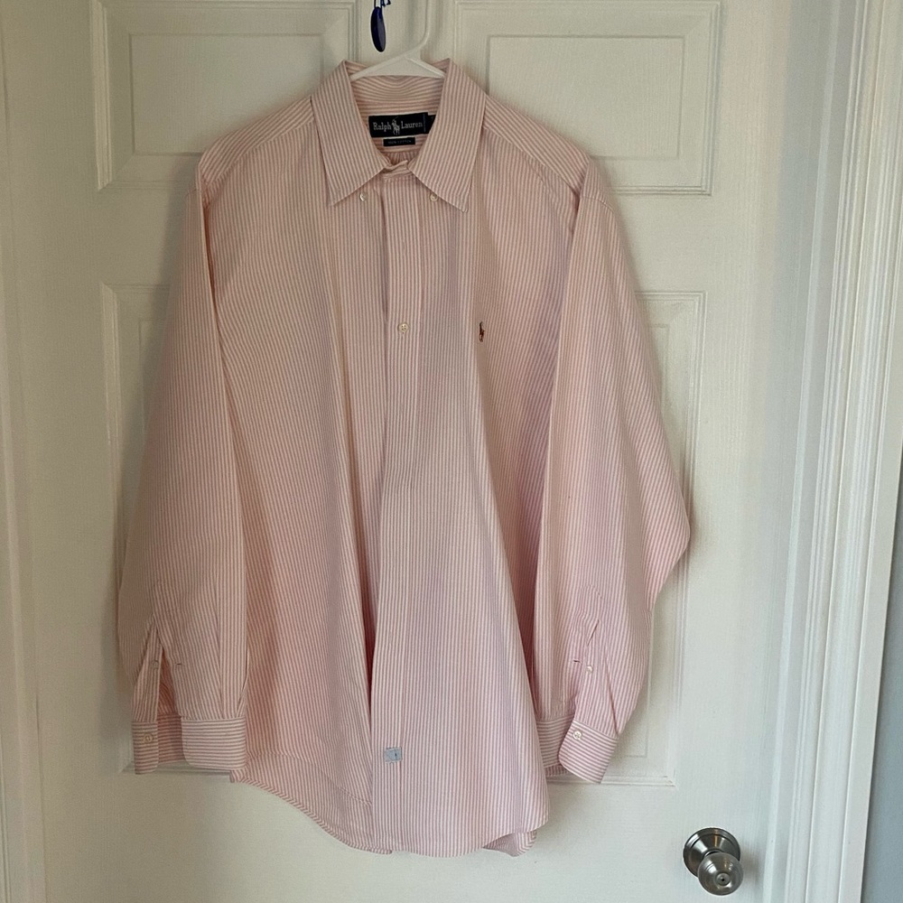Men's vintage Ralph Lauren polo button down pink and white stripe GUC 17x35 🏇